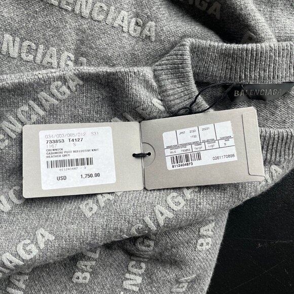 NWT Balenciaga Crewneck Pullover Sweater Heather Grey Cashmere Knit  Mini Logo - Picture 6 of 6